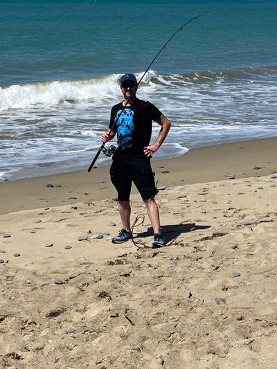 Man with shorts caught by fishing line.