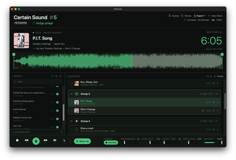 Crocus with music ducked: the status reads 'Talk, music ducked', the countdown is labelled 'Bed ends in', and the Fade to Talk button has become 'Music Up'.