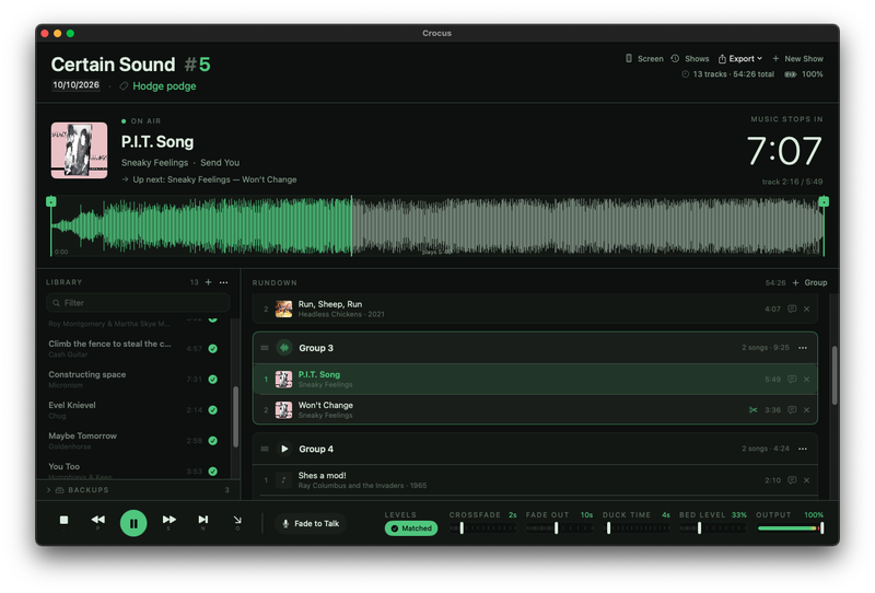 The Crocus console on air: now playing with artwork and a 7:07 countdown, the song's waveform, the library, and a rundown of song groups above the transport controls.