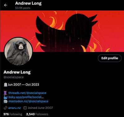 Twitter bird logo in flames.